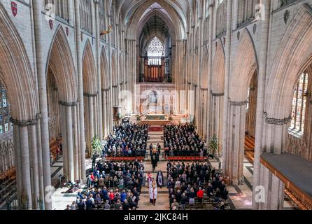 The coffin of Harry Gration leaves a service of thanksgiving for the BBC presenter at York Minster in York. Picture date: Monday August 1, 2022. Stock Photo