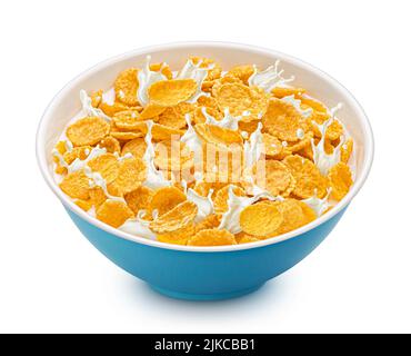 Corn flakes with milk splashes isolated on white background Stock Photo