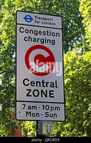 Sign, Transport For London ,Congestion Charging Zone, London, England, UK, 7am - 10pm Mon-Sun Stock Photo