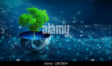 Tree growing on digital plant pot. Eco Technology and Technology ...
