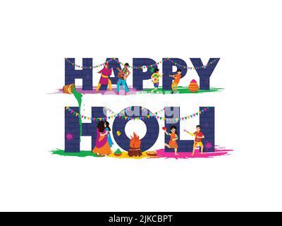 Happy Holi Celebration Background With Indian People Celebrating Festival And Bonfire Illustration. Stock Vector