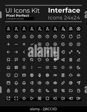 Comprehensible pixel perfect white linear ui icons set for dark theme Stock Vector
