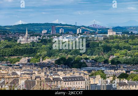 View from Calton Hill over city skyline with Forth Bridges in distance, Edinburgh, Scotland, UK Stock Photo