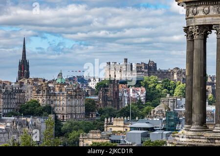 View from Calton Hill over city skyline with Edinburgh Castle ready for the military Tattoo in August, Scotland, UK Stock Photo