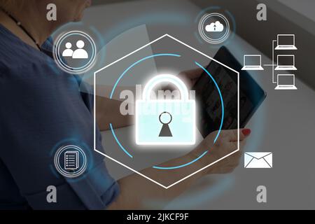 Digital padlock icon, cyber security network and data protection technology on virtual interface screen. Online internet authorized access against Stock Photo