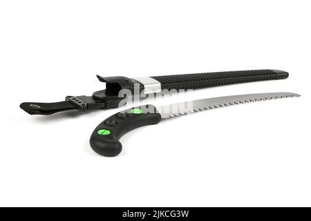 Folding garden saw in the folded state isolated on a white background, pocket saw. High resolution photo. Full depth of field. Stock Photo