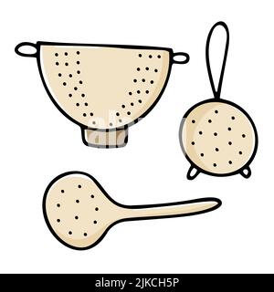 Doodle hand-drawn sifting dish. Beige sieve, skimmer, strainer isolated on white background. Cozy kitchen utensils, cute dishes for cooking. Slotted s Stock Vector