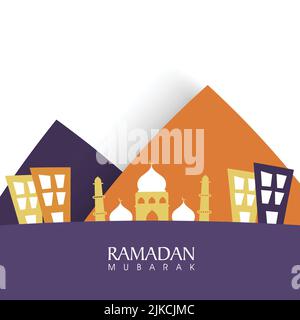 Ramadan Mubarak Concept With Mosque, Buildings On Colorful Background. Stock Vector