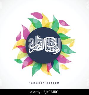 White Ramadan Kareem Calligraphy on colorful leaves decorated background for Islamic Holy Month celebration. Stock Vector