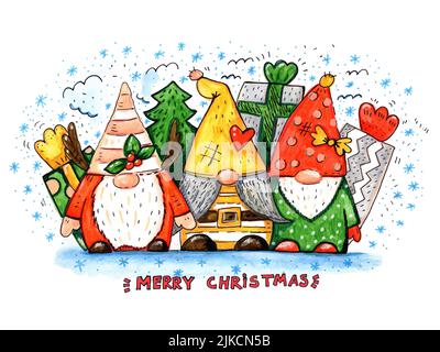 Watercolor Christmas illustration. Group of gnomes. Stock Photo