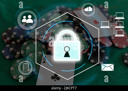 Digital padlock icon, cyber security network and data protection technology on virtual interface screen. Online internet authorized access against Stock Photo