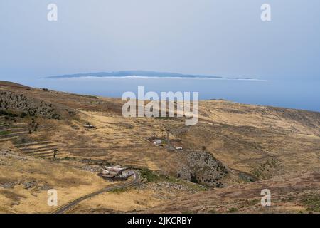 An aerial view of hiking trails in Teno Rural Park with views of La Gomera, Tenerife, Canary islands Stock Photo