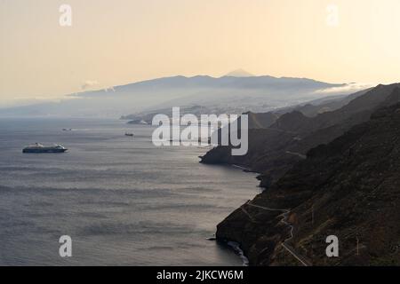 An aerial view of a sunset sky over Santa Cruz de Tenerife and Mount Teide in Tenerife, Canary Islands Stock Photo