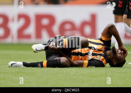 Hull City's Benjamin Tetteh injury during the Sky Bet Championship match at the MKM Stadium, Kingston upon Hull. Picture date: Saturday July 30, 2022. Stock Photo