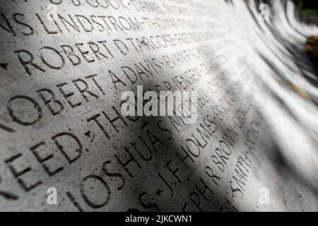 Washington, DC - July 11, 2020: Names of fallen law enforcement officers are engraved on a wall at the National Law Enforcement Officers Memorial. Stock Photo