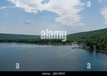 Aerial view of the south end of Owasco Lake near Moravia, Cayuga County, New York. A marina is on the right. Stock Photo