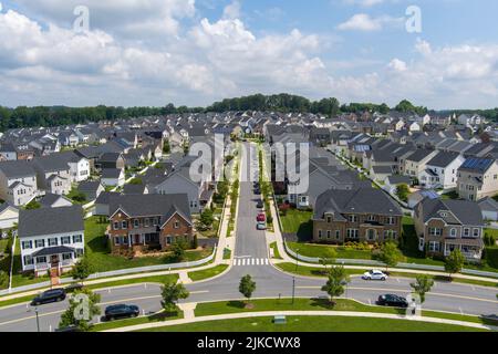 Aerial view of the Greenway Village subdivision in Clarksburg, Montgomery County, Maryland. Stock Photo