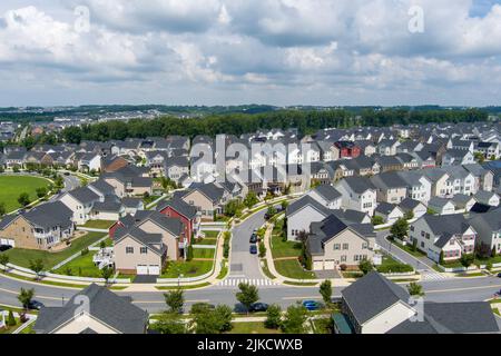 Aerial view of the Greenway Village subdivision in Clarksburg, Montgomery County, Maryland. Stock Photo