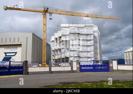 Greenock, Scotland, UK, July 30th 2022, Ferguson Marine shipyard new Calmac ferry under construction Stock Photo