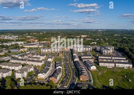 Aerial view of the Village West at Germantown Town Center neighborhood in Germantown, Montgomery County, Maryland. Stock Photo