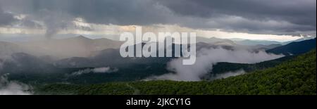 Thnunderstorms pummel the Pisgah National Forest as viewed from the Blue Ridge Parkway in North Carolina. Stock Photo