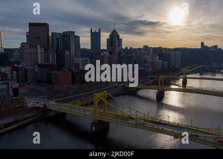Aerial view of the Pittsburgh, Pennsylvania skyline and bridges crossing the Allegheny River. Stock Photo