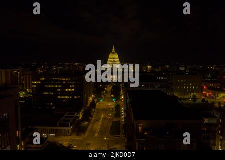 Nighttime aerial view of the Wisconsin State Capitol building in Madison, Dane County, Wisconsin. Stock Photo