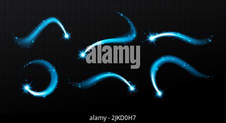 Magic spiral, twist effect with stars and sparkles. Blue swirl of wand isolated on black background. Magician spell, wizard, fairy light, shiny lightnings trace Realistic 3d Vector illustration Stock Vector
