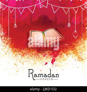 Ramadan Kareem Concept With Open Holy Book Quran, Silhouette Mosque On Abstract Background. Stock Vector