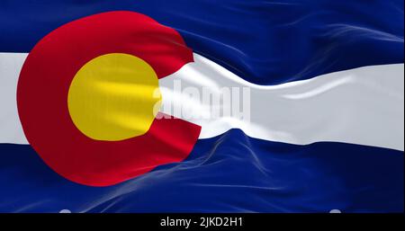 Close-up view of the Colorado flag waving. Colorado is a United States state located in the Rocky Mountains Region Stock Photo