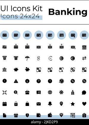 Banking and finance black glyph ui icons set Stock Vector