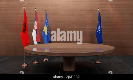 Albania and Serbia and Kosovo and NATO. Flag Albania, flag Serbia, flag Kosovo and flag NATO, Albania Serbia Kosovo NATO Summit, 3D work and 3D illust Stock Photo