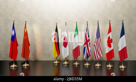 G7 countries against China, flags of members of G7 group of seven and ...