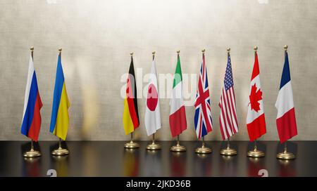 G7 countries against war Russia and Ukraine, Flags of G7 countries, Russia flag, Ukraine, war Russia Ukraine, 3D work and 3D illustration Stock Photo