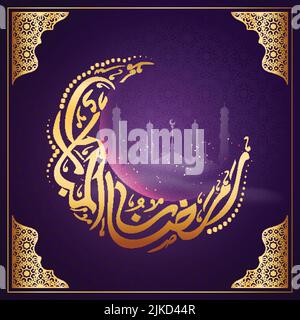Golden Arabic Calligraphy Of Ramadan Kareem In Crescent Moon With Silhouette Mosque And Islamic Pattern Corner On Purple Background. Stock Vector