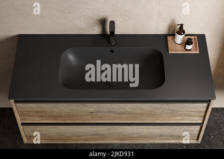 https://l450v.alamy.com/450v/2jkd931/black-and-wooden-sink-in-bathroom-modern-bathroom-interior-view-from-above-2jkd931.jpg