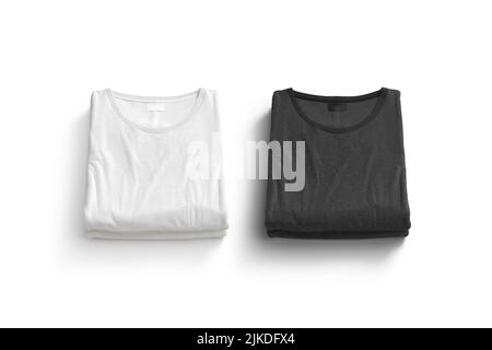 Blank black and white folded square t-shirt mockup stack, isolated Stock Photo