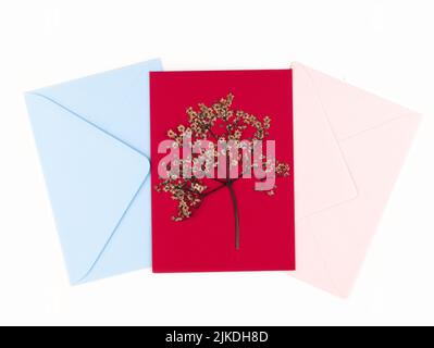 A dried pressed flower of a black lake elderberry on a red postcard and blue and pink envelopes. Handmade greeting card in oshibana technique. Top vie Stock Photo