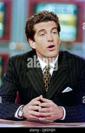 John F. Kennedy Jr, son of the late US president, discusses his political journal 'George' during NBC's Meet the Press interview program, February 16, 1997 in Washington, DC. Stock Photo