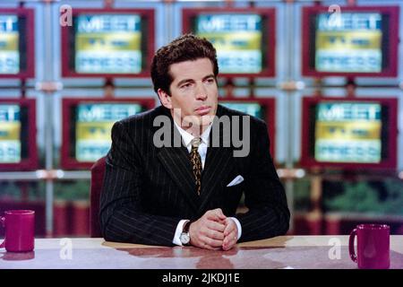 John F. Kennedy Jr, son of the late US president, discusses his political journal 'George' during NBC's Meet the Press interview program, February 16, 1997 in Washington, DC. Stock Photo