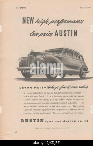 Austin Devon MK II old vintage advertisement from a UK car magazine 1949 Stock Photo