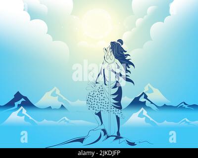 Hindu Mythology Lord Shiva Standing Over Icing Rock On Sunshine Blue Mountain Background. Stock Vector