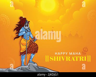 Hindu Mythology Lord Shiva Standing Over Rock On Sunshine Orange Silhouette Temple Background For Happy Maha Shivratri Concept. Stock Vector