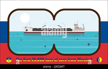 Illustration of the first Ukrainian dry cargo ship with grain that left the port of Odessa after the blockade. Look through the periscope against the Stock Photo