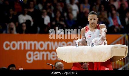 Birmingham, UK. 1st August 2022; Arena, Birmingham, Midlands, England: Day 4 of the 2022 Commonwealth Games: Joe Connor Fraser (ENG) competes in the Men's Gymnastic Pommel Horse Final Credit: Action Plus Sports Images/Alamy Live News Stock Photo