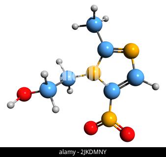 3D image of Metronidazole skeletal formula - molecular chemical structure of  antibiotic and antiprotozoal medication isolated on white background Stock Photo