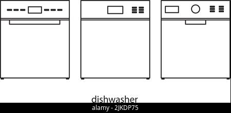 Drawings of dishwashers in black lines on a white background Stock Vector