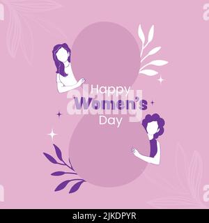 Happy Women's Day Concept With Silhouette 8 Number Behind Faceless Young Girls And Leaves On Pink Background.