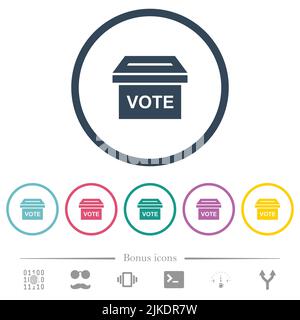 Ballot box solid flat color icons in round outlines. 6 bonus icons included. Stock Vector