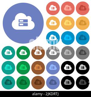 Cloud storage multi colored flat icons on round backgrounds. Included white, light and dark icon variations for hover and active status effects, and b Stock Vector